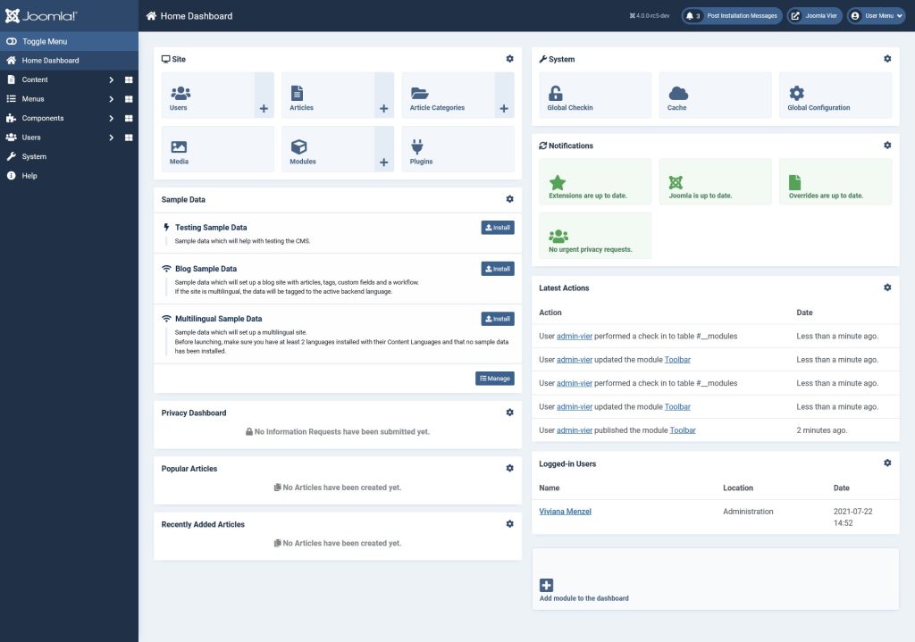 joomla dashboard